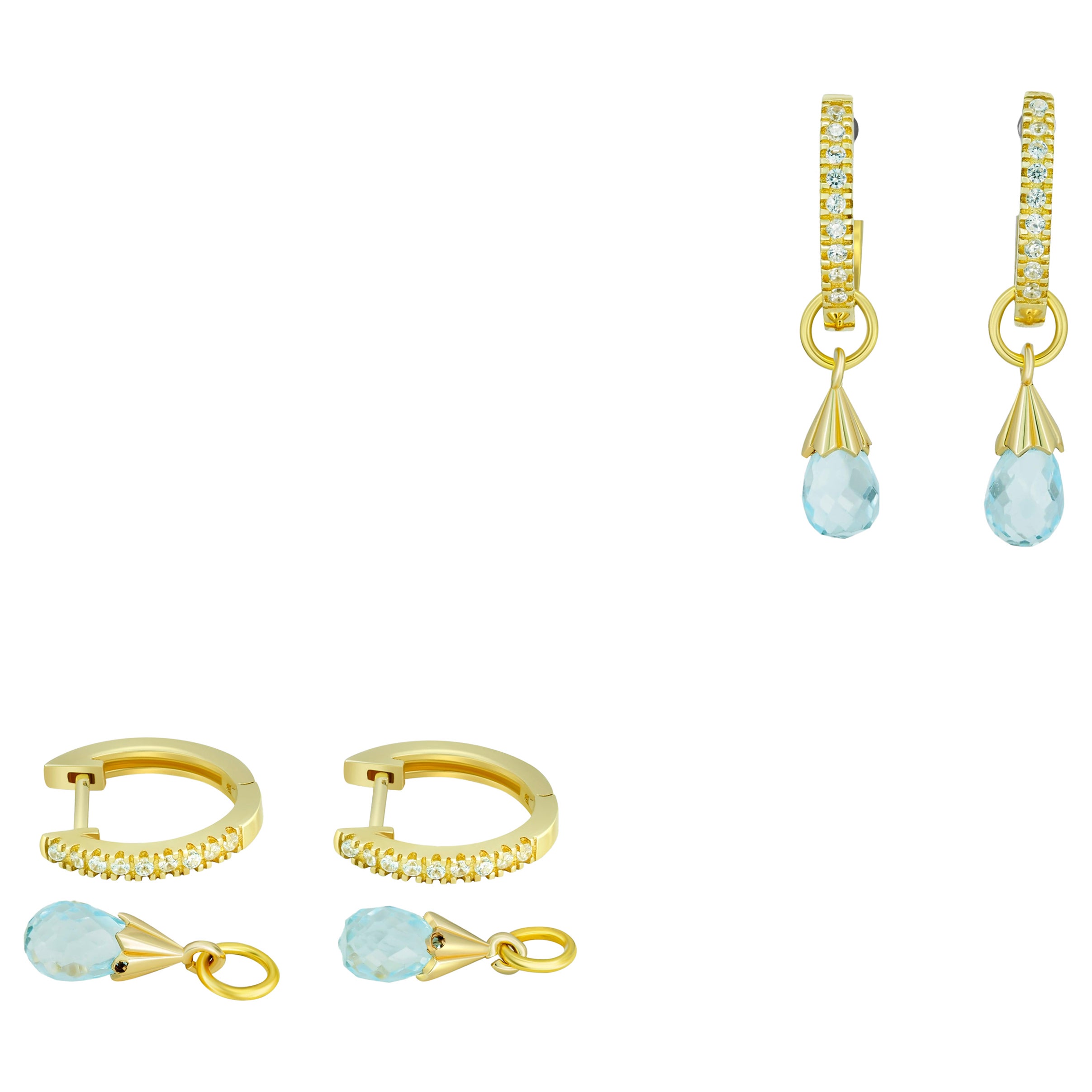 Hoop Earrings and Topaz Briolette Charms in 14k Gold For Sale