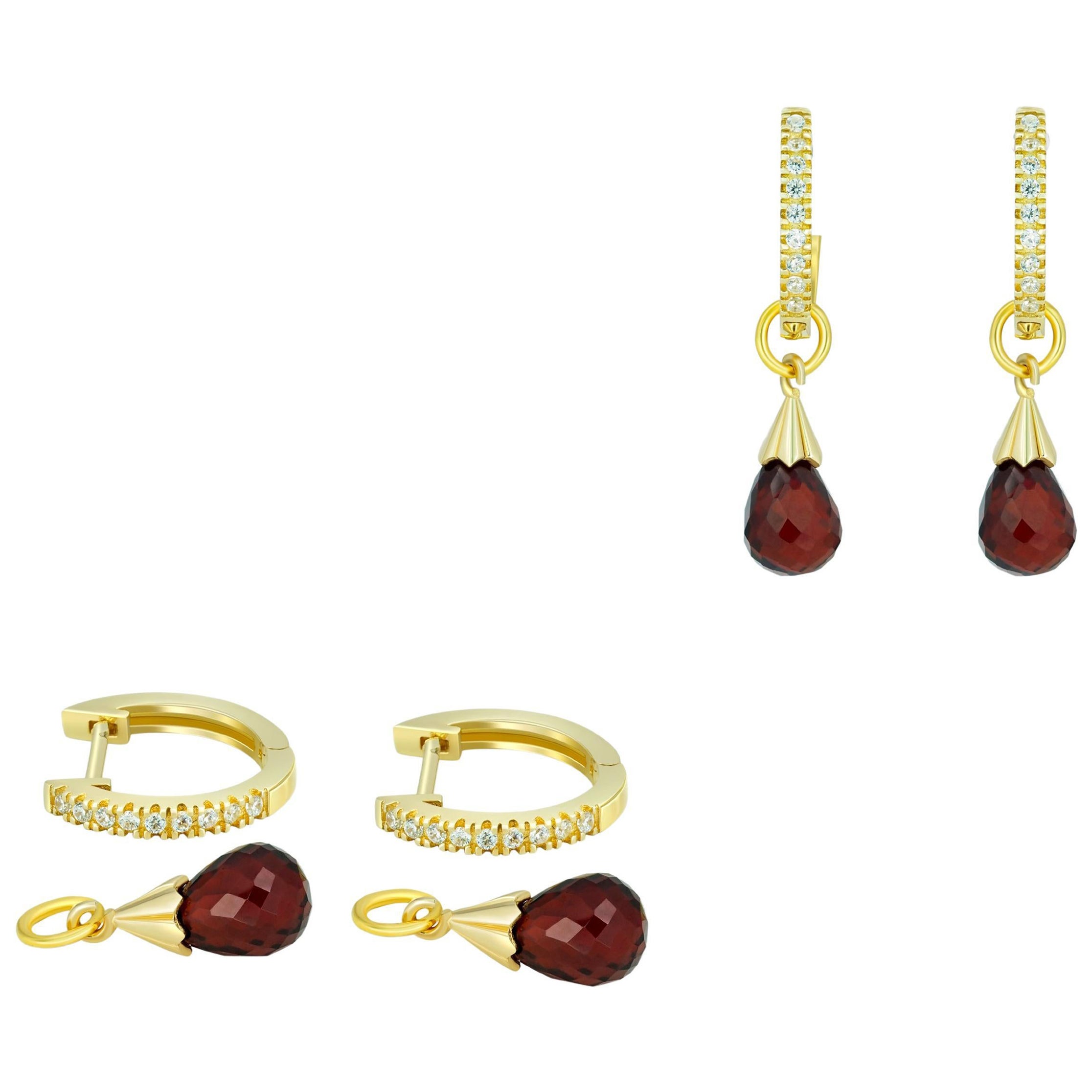 Hoop Earrings and Garnet Briolette Charms in 14k Gold For Sale