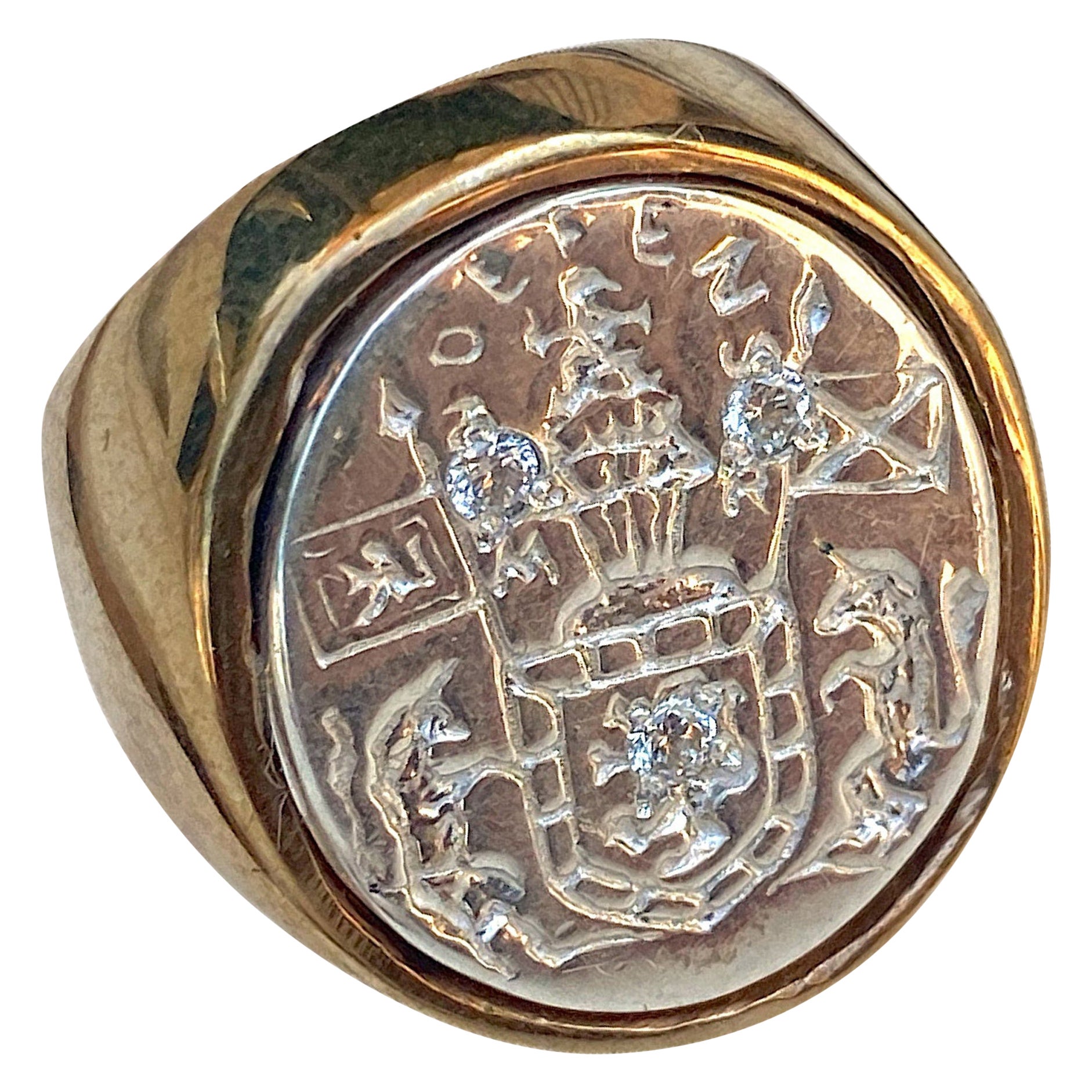J Dauphin, bague de signalisation unisexe en argent sterling et bronze avec crête de saphir en vente