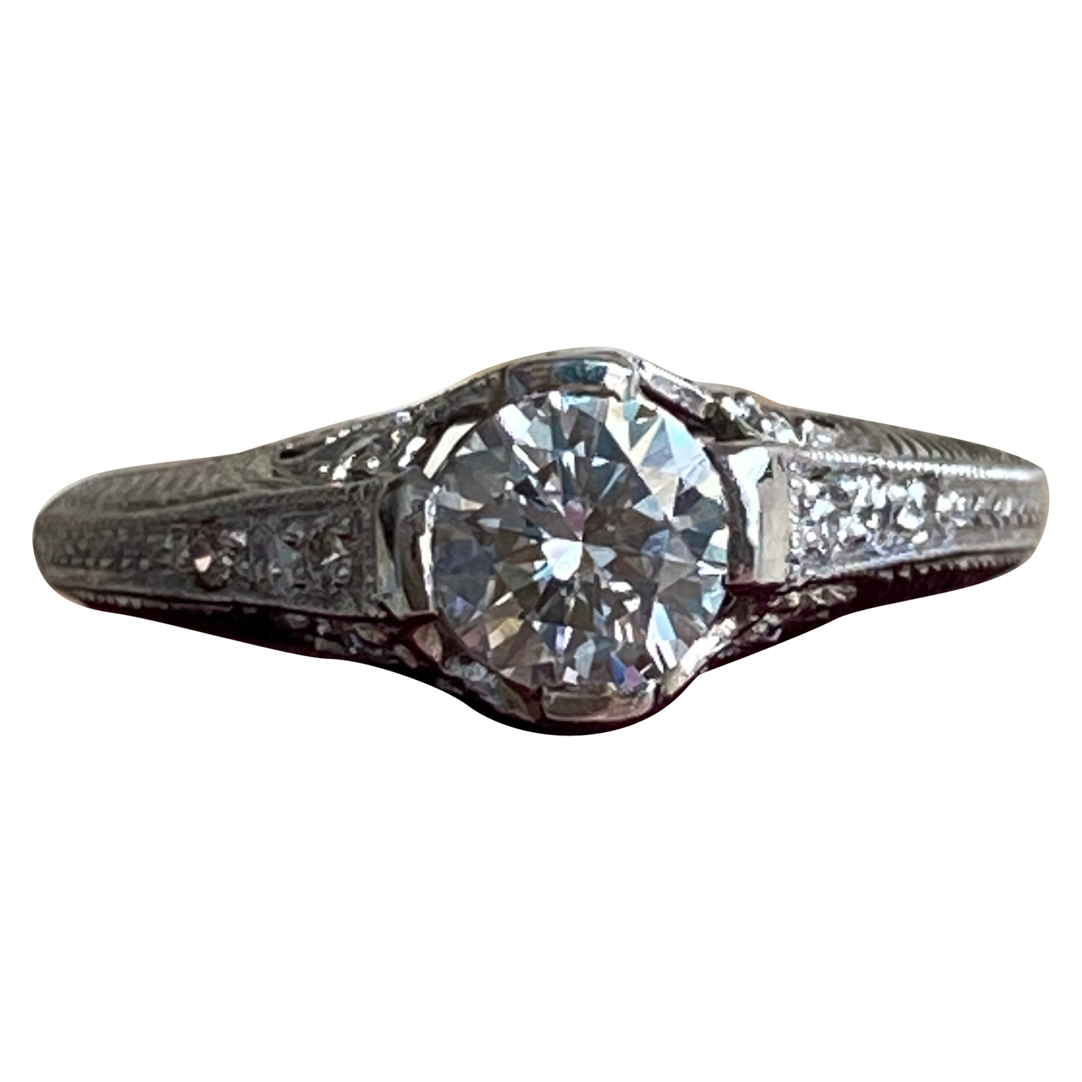 Edwardian Filigree Diamond Platinum Engagement Ring For Sale