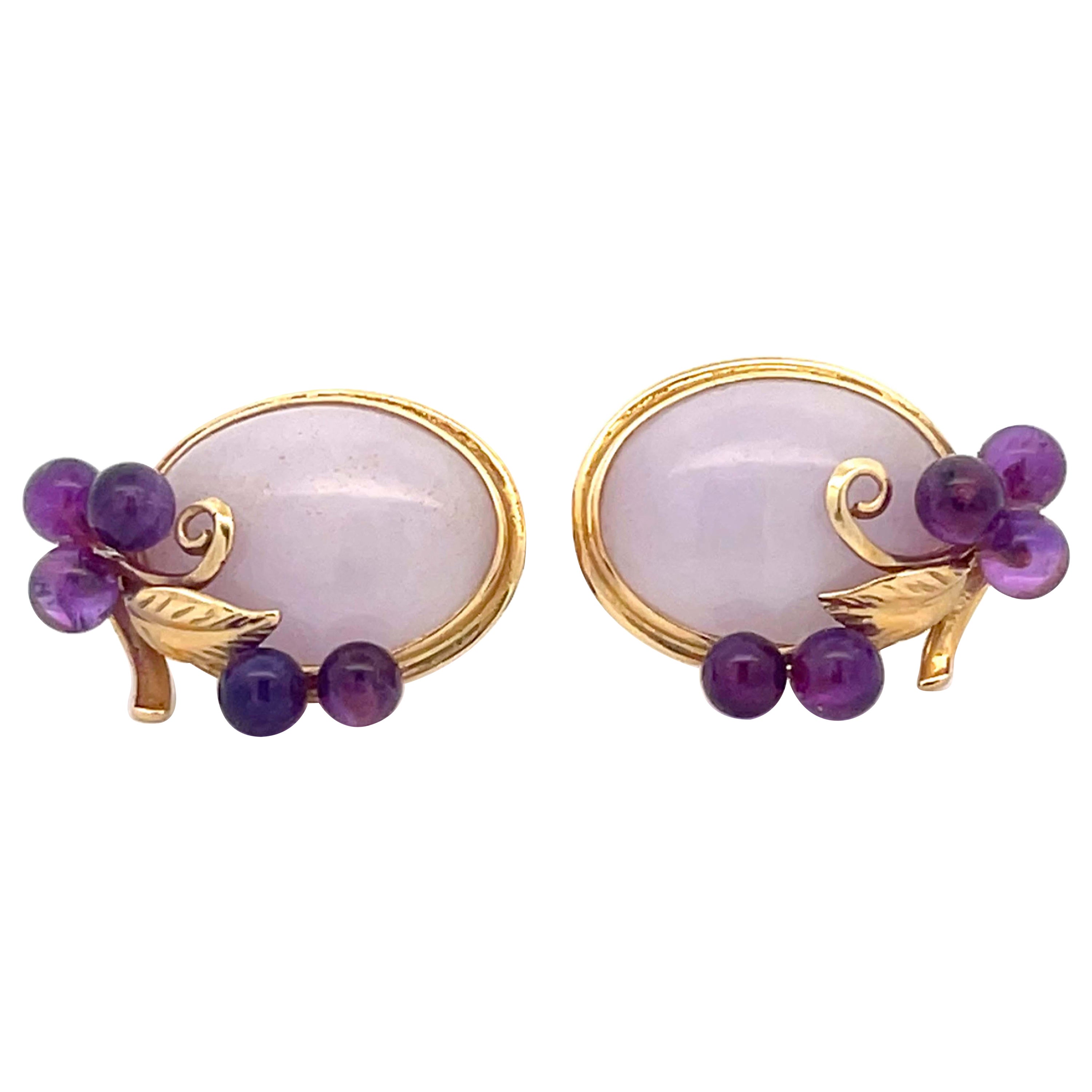 Mings Lavender Jade and Purple Amethyst Earrings in 14k Yellow Gold For Sale