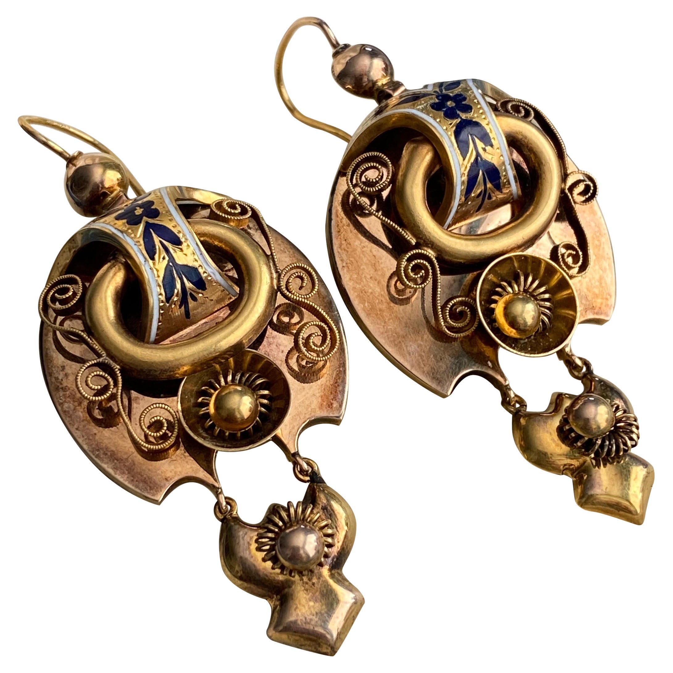 Antique Victorian 14k Gold Enamel Repousse Earrings For Sale