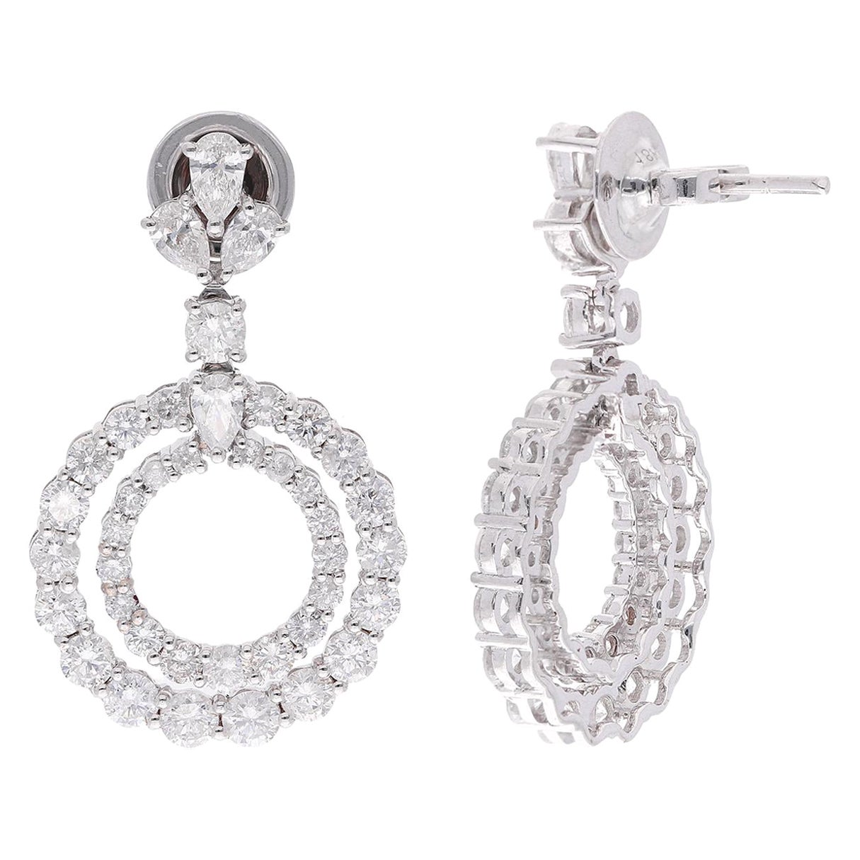 4 Carat Diamond Round Circle Dangle Earrings 18 Karat White Gold Fine Jewelry For Sale