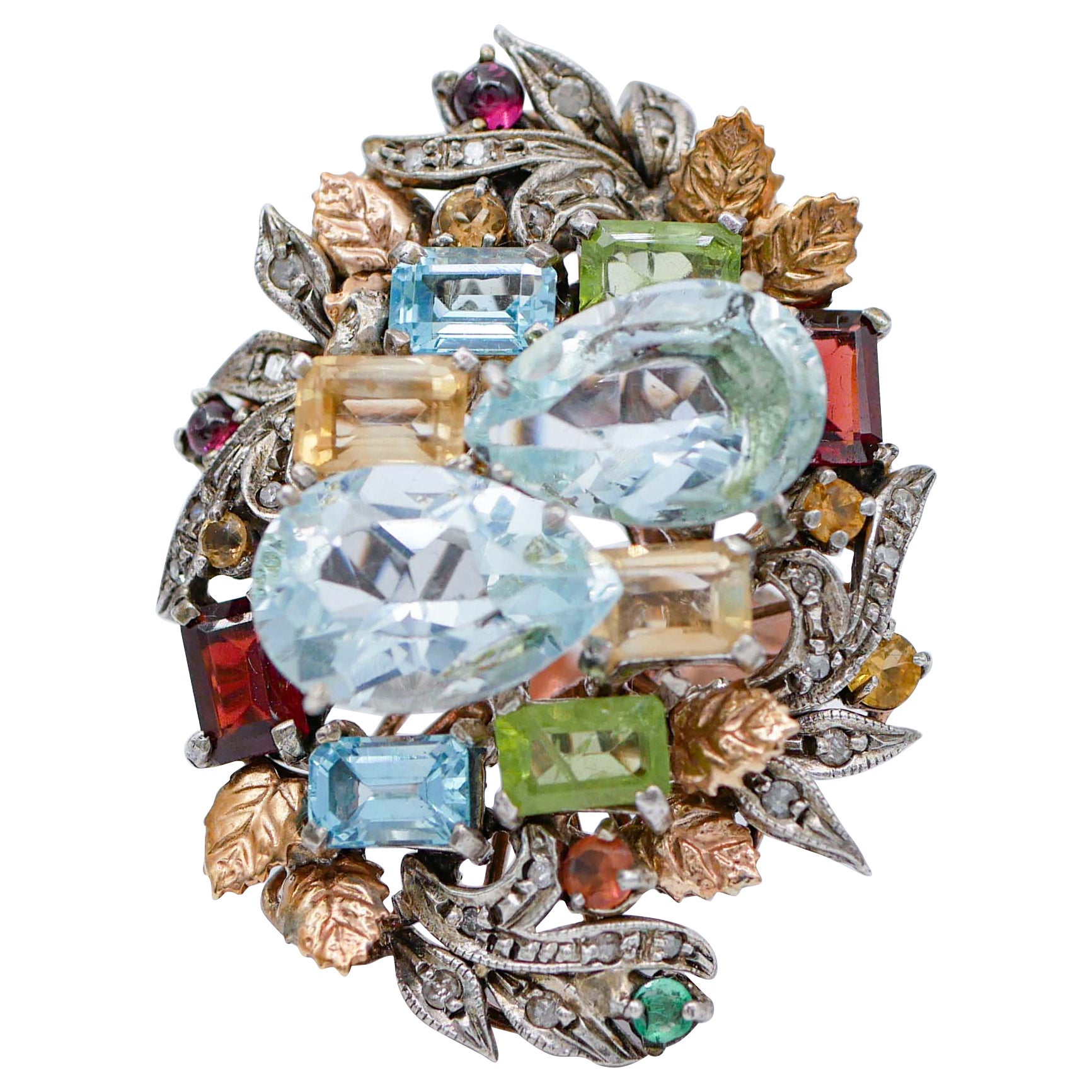 Multicolor Topazs, Peridots, Garnets, Diamonds, Rose Gold and Silver Ring For Sale