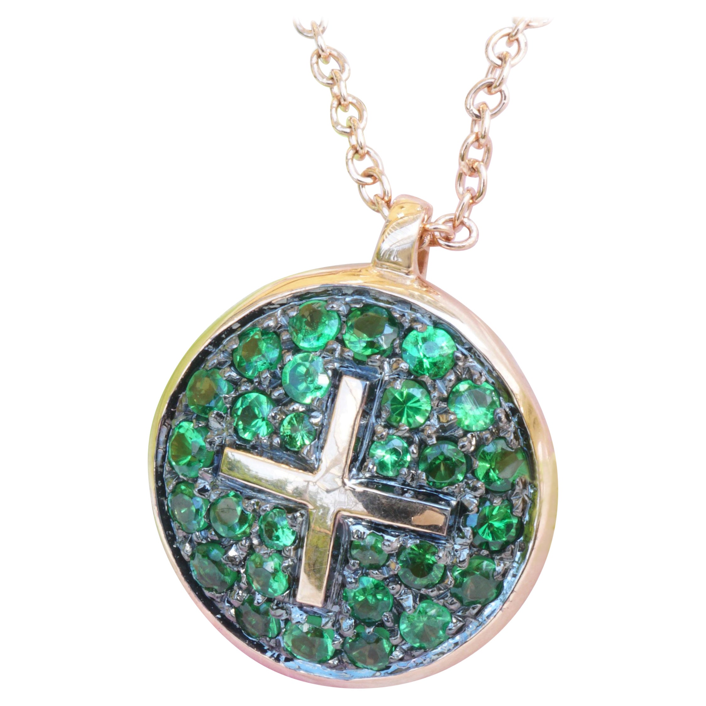 Tsavorite Cross Pendant with Chain 750 Rose Gold What a Color Made in Italy Cute For Sale