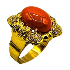 Art Deco Style Mediterranean Red Coral White Diamond Yellow Gold Cocktail Ring