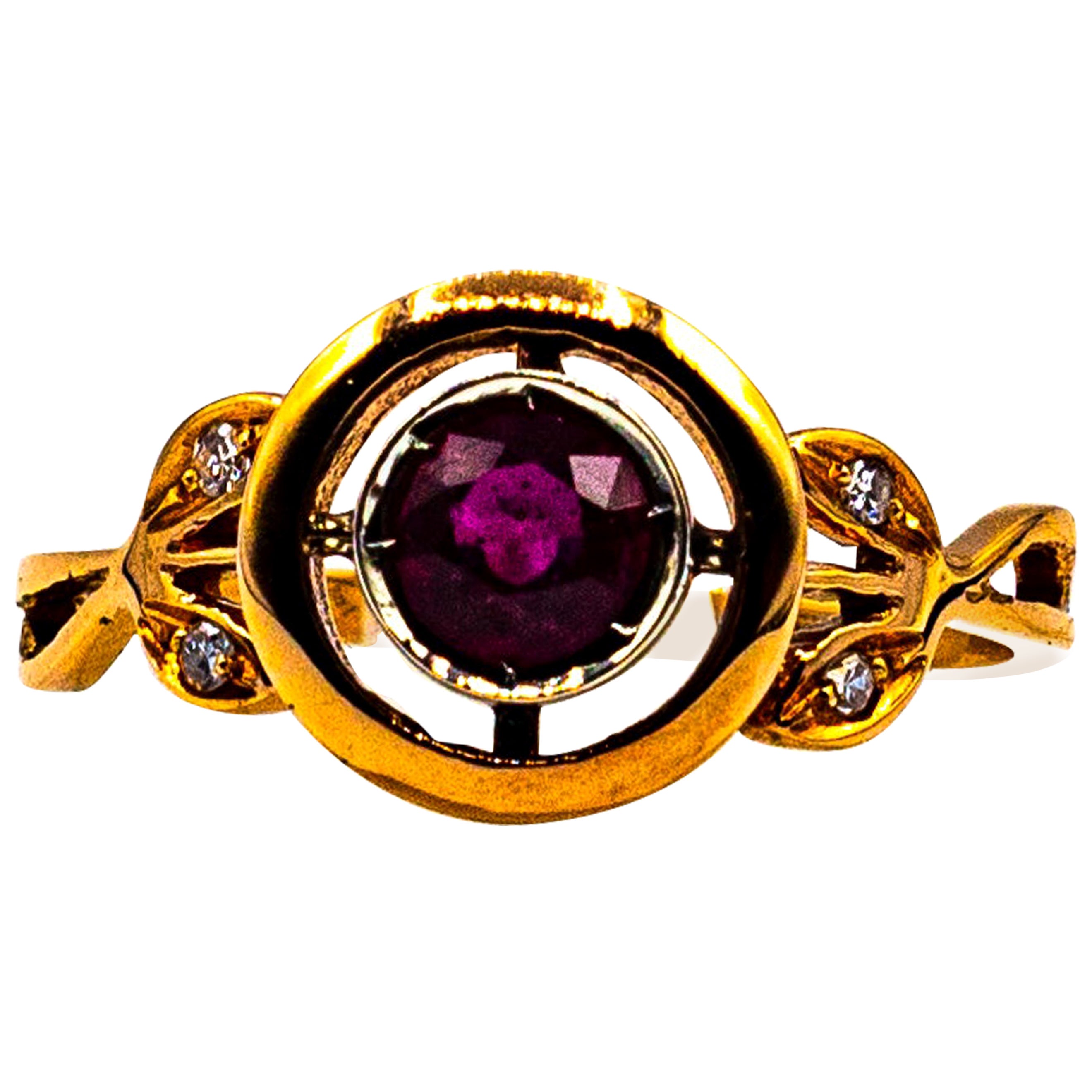 Art Deco Style White Brilliant Cut Diamond Ruby Yellow Gold Cocktail Ring For Sale