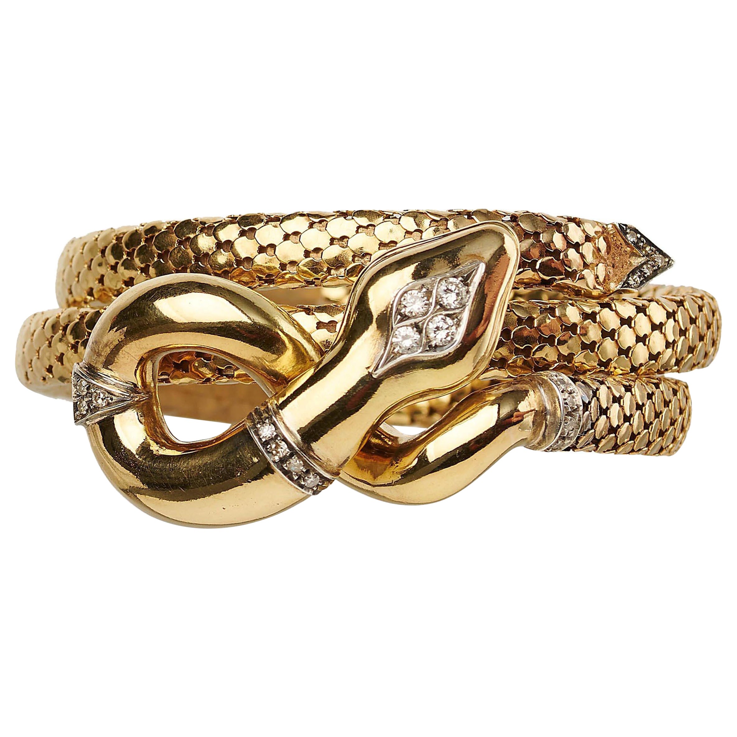 Bracelet italien vintage en forme de serpent en or et diamants, circa 1960 en vente