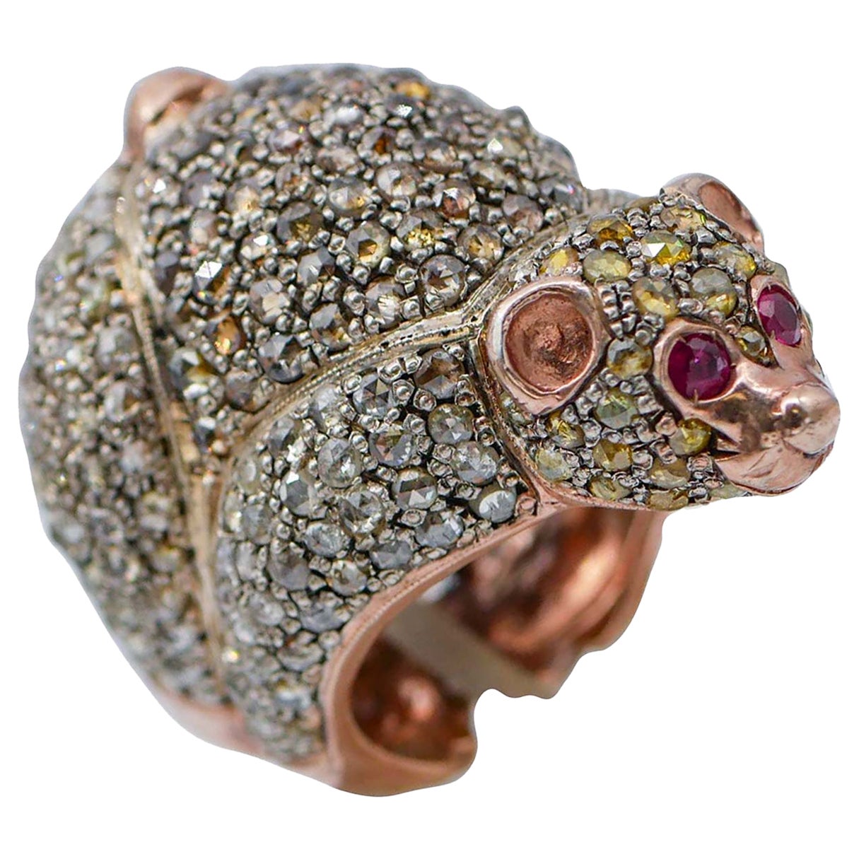 Rubies, Diamonds, Rose Gold and Silver Bear Ring For Sale
