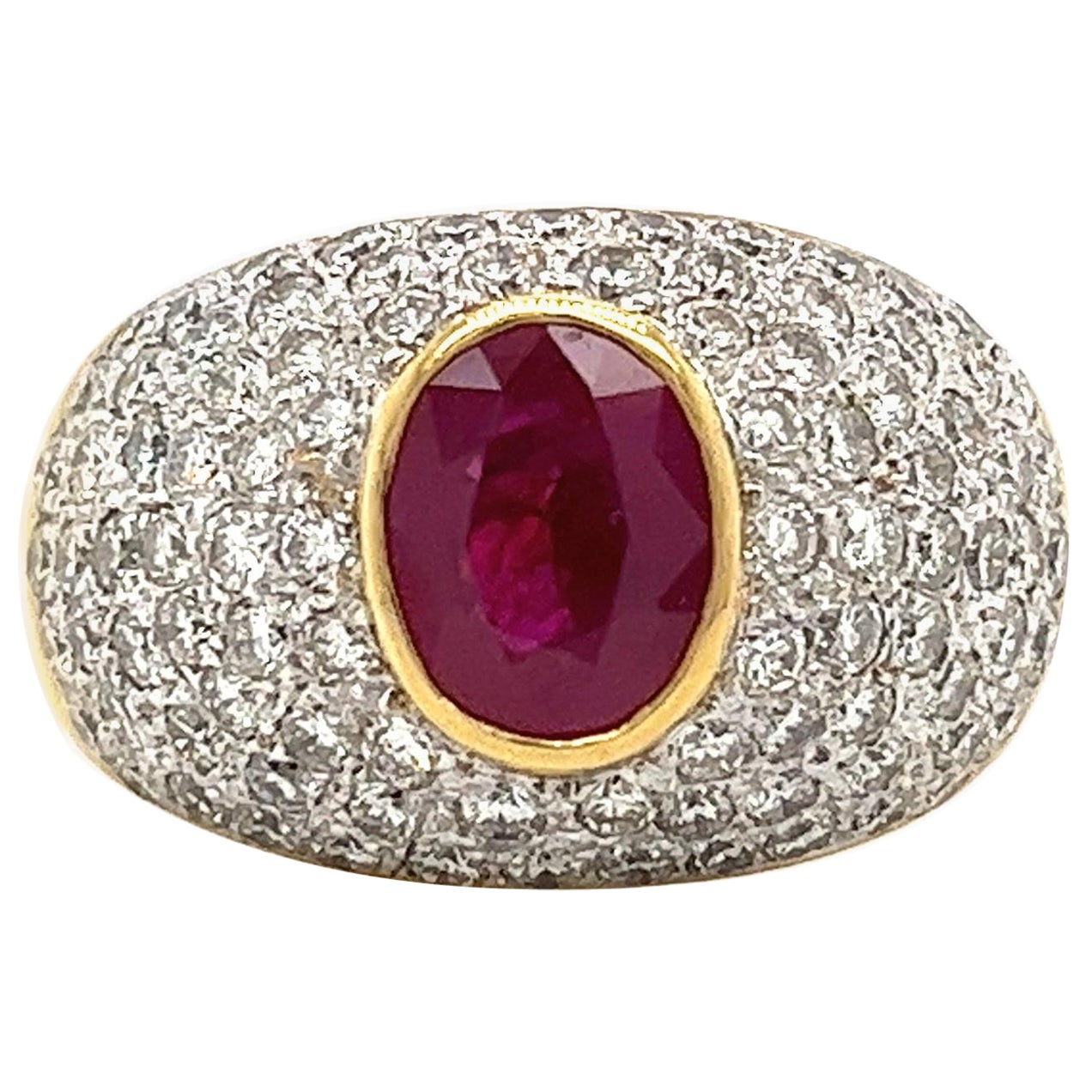 1.73 Carat Ruby and Diamond Cluster Dome Cocktail Ring in 18k Gold For Sale