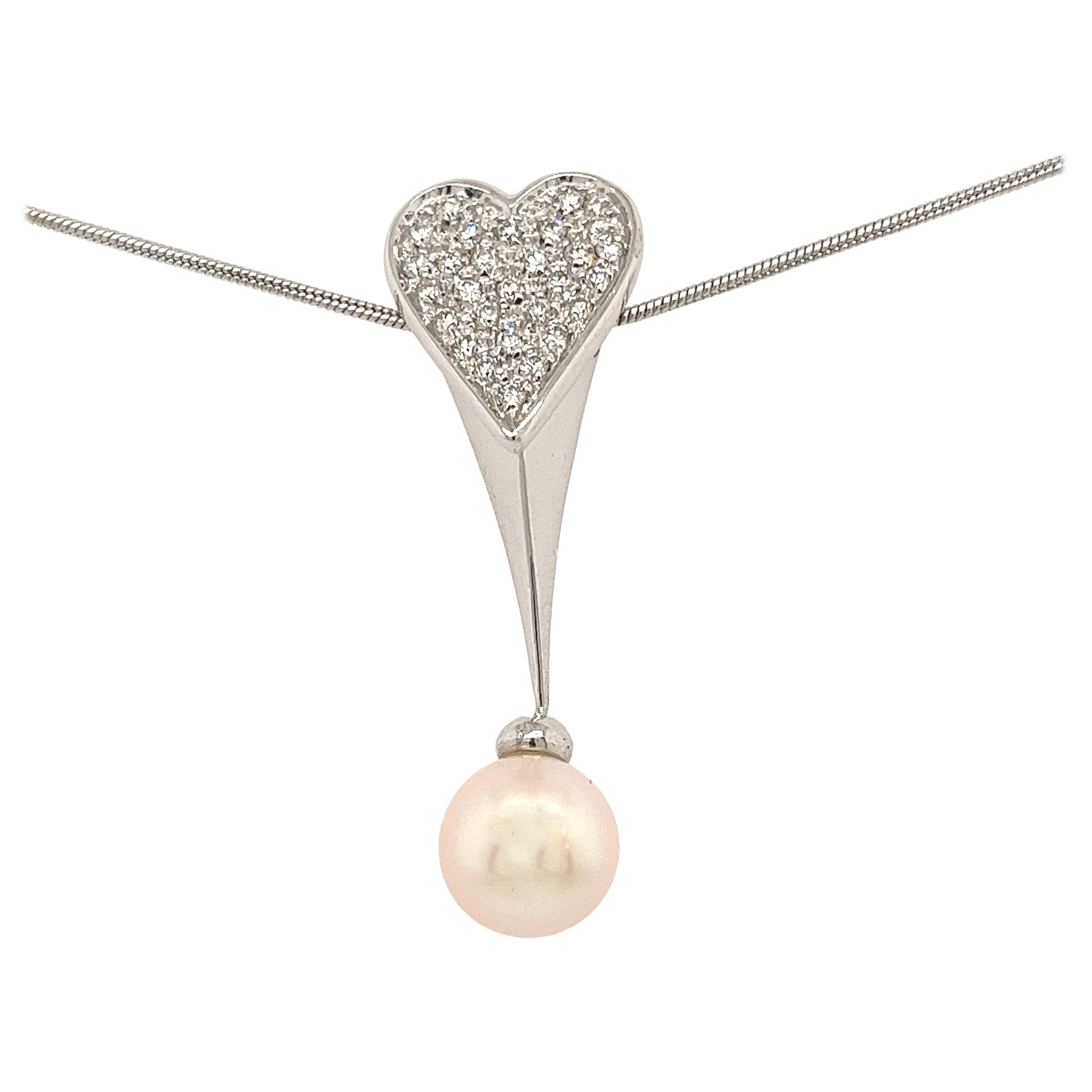 Diamond Pave and Pearl Drop Pendant with Heart Shape White Gold Setting For Sale