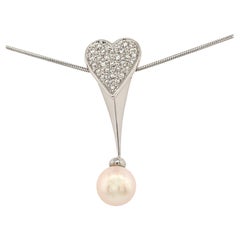 Diamond Pave and Pearl Drop Pendant with Heart Shape White Gold Setting