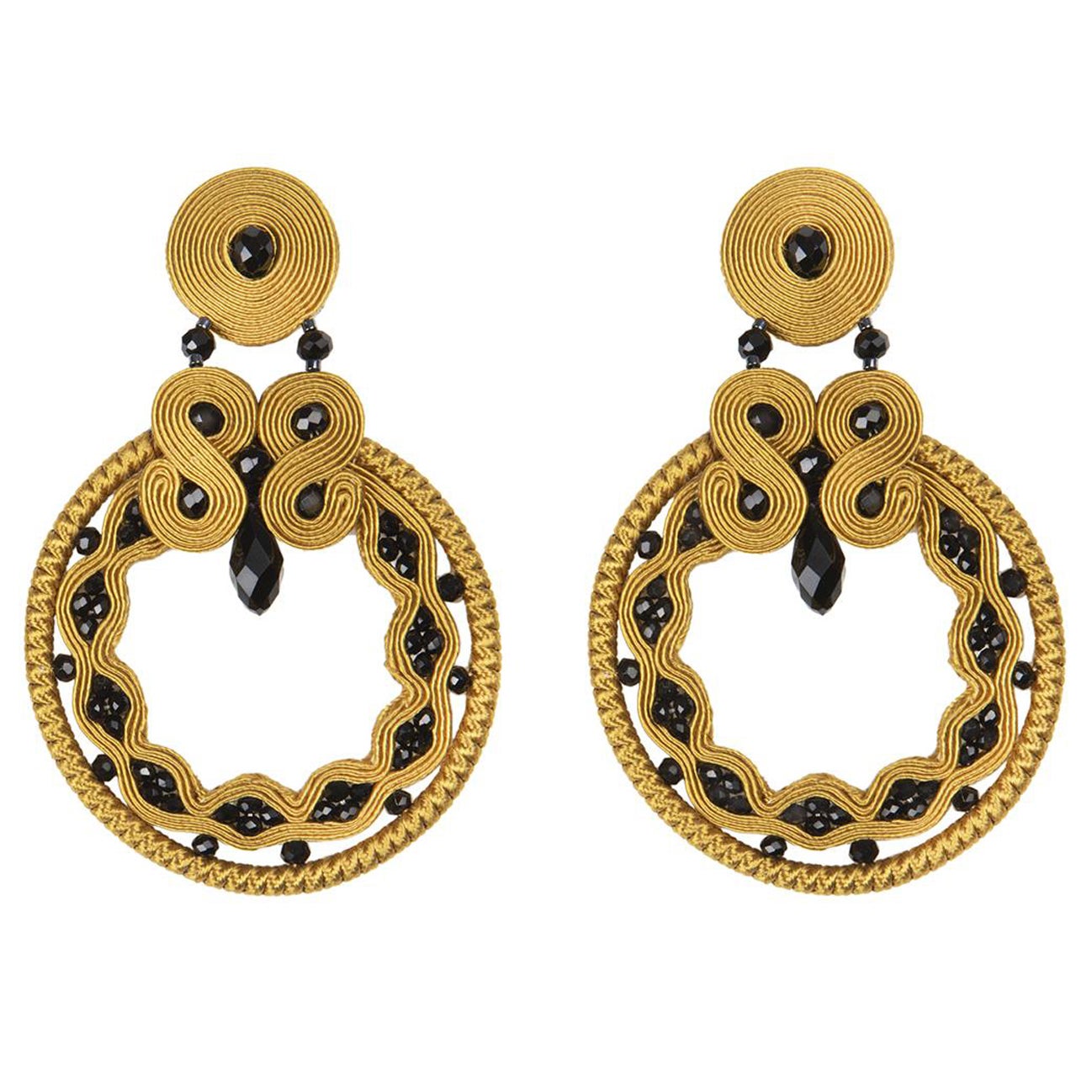 Ocher & Jet Soutache Earrings with Silk Rayon, Crystal Beads & Silver Closure For Sale