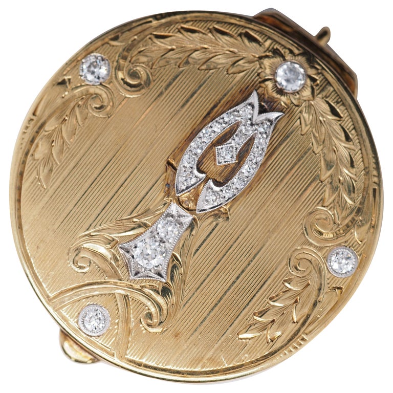 14k Yellow Gold Edwardian Pill Box Pendant with Diamonds For Sale at