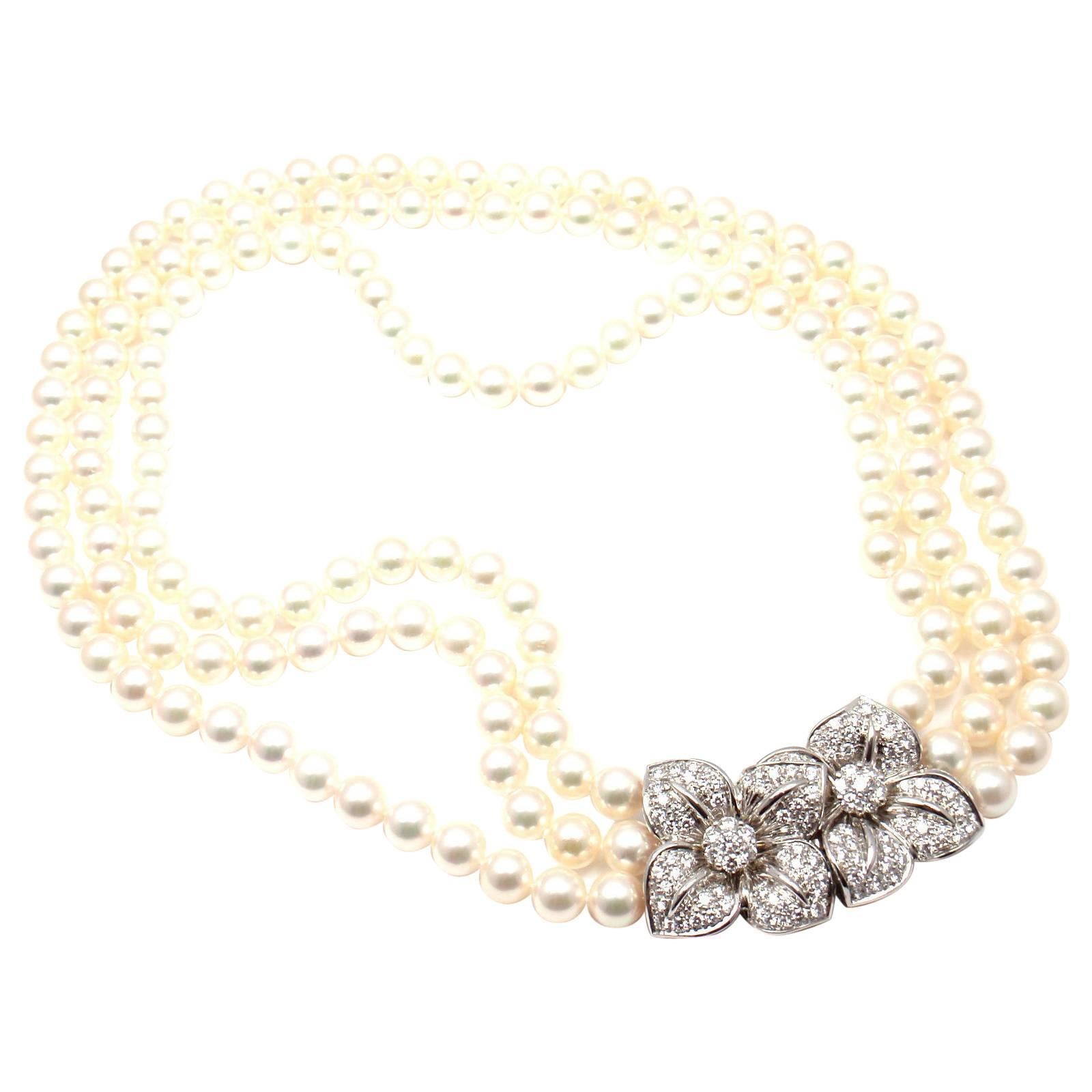Mikimoto Triple Strand Cultured Akoya Pearl Diamond Platinum Necklace