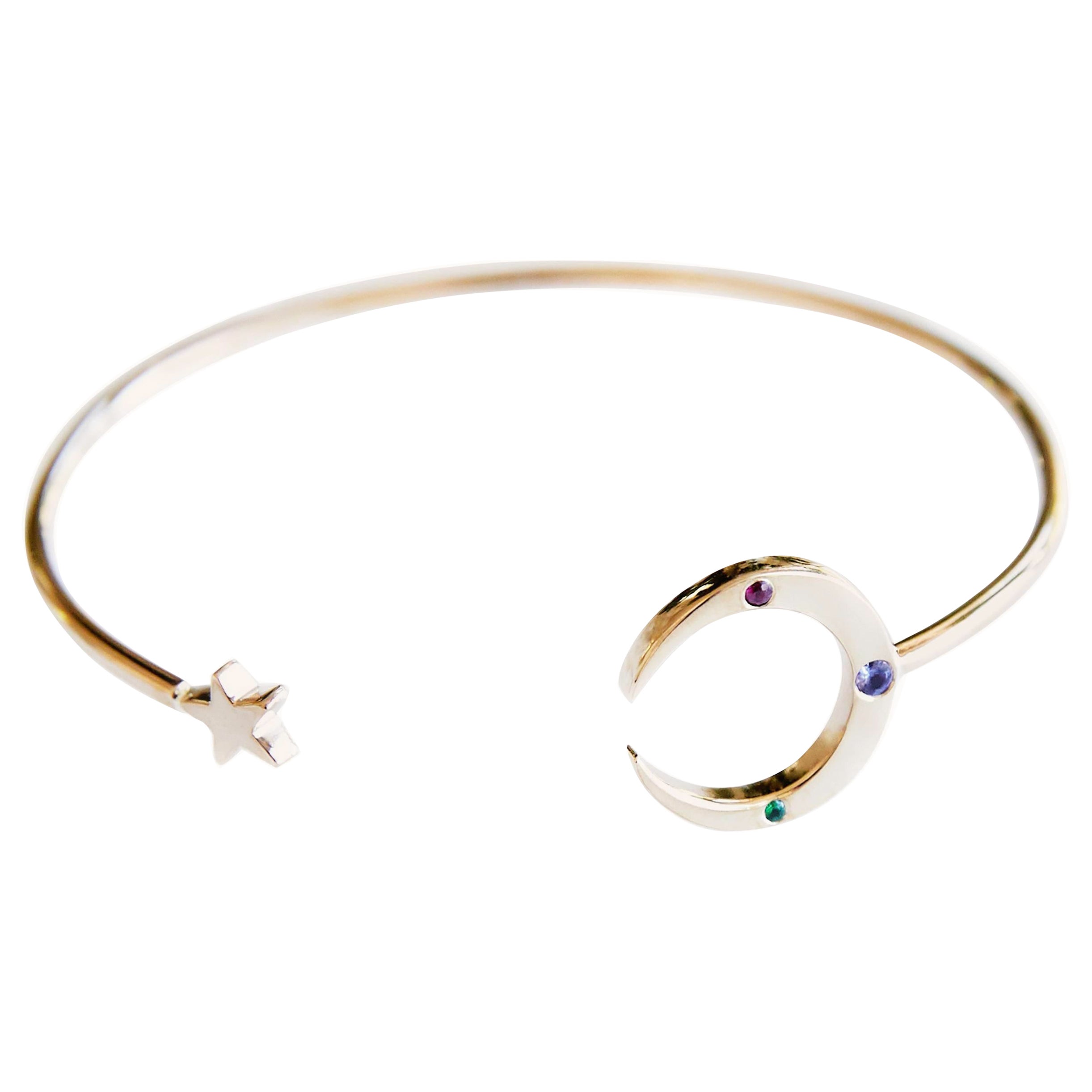 Emerald Ruby Tanzanite Crescent Moon Star Bracelet Bangle Cuff Gold Vermeil For Sale