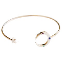 Used Emerald Ruby Tanzanite Crescent Moon Star Bracelet Bangle Cuff Gold Vermeil