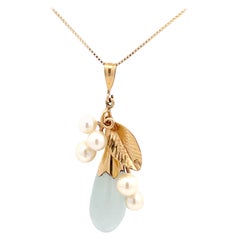 Mings Hawaii Jade and Pearl Leaf Pendant in 14k Yellow Gold with Chain