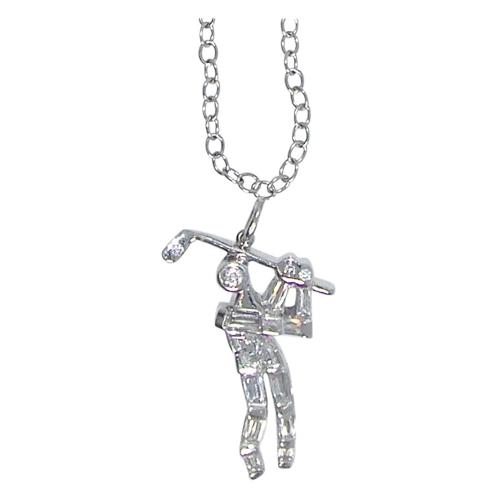 Fine White Diamond and 18k White Gold Golfing Pendant For Sale