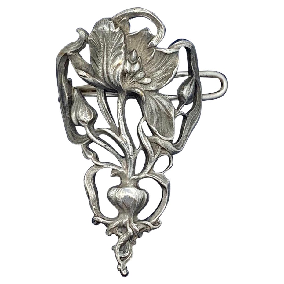 French Art Nouveau Poppy Flower Scarf Brooch Pin Silver Antique, 1900