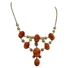 Victorian Coral Cameo OMC Diamond Necklace 14 Karat Gold Neoclassical Goddess