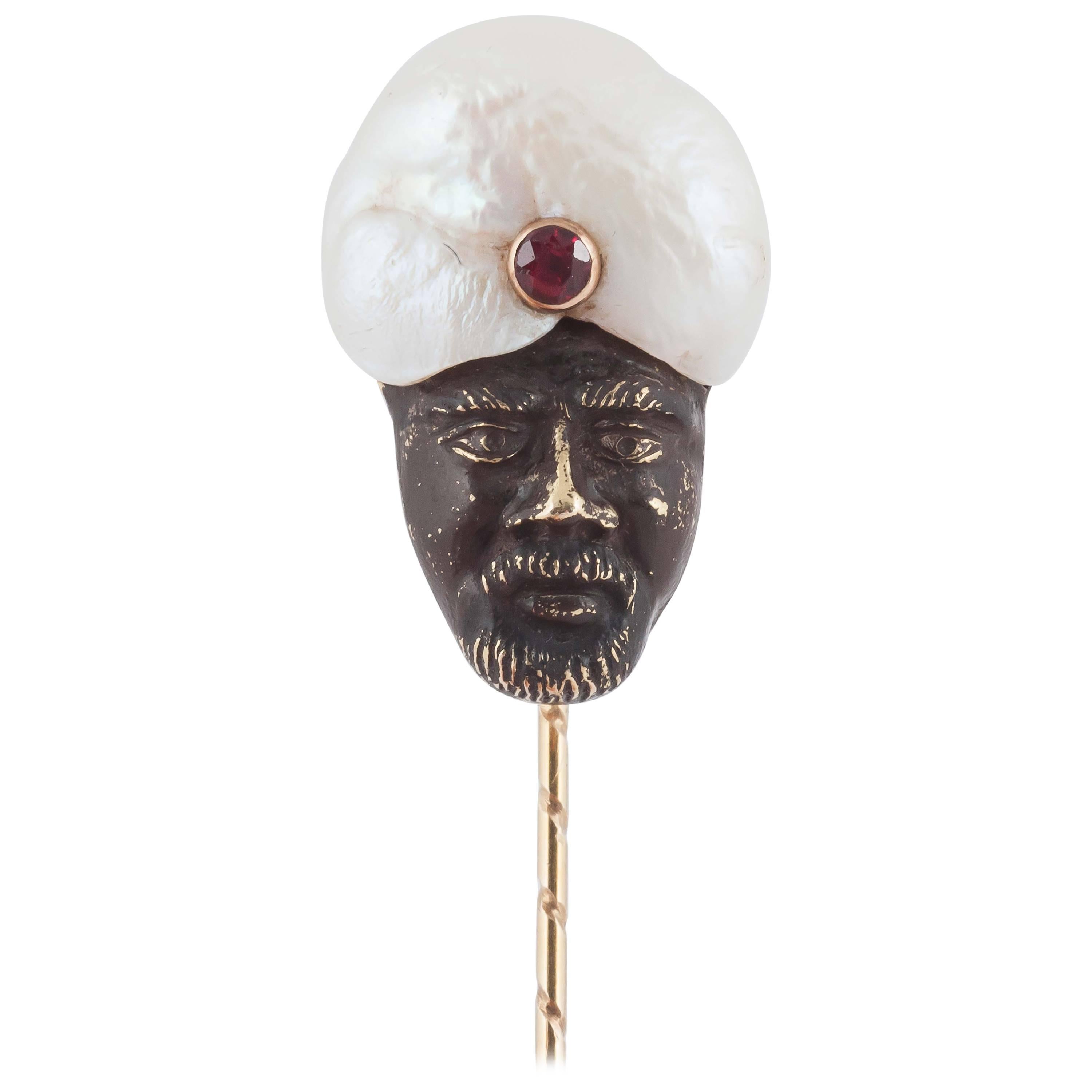 1900s Unusual Baroque Pearl Ruby Gold Fakir Indian Head Tiepin