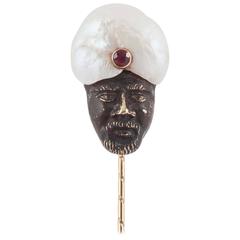 Antique 1900s Unusual Baroque Pearl Ruby Gold Fakir Indian Head Tiepin