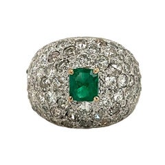 Vintage Art Deco Diamond & Colombian Emerald Dome Ring in Platinum & Gold