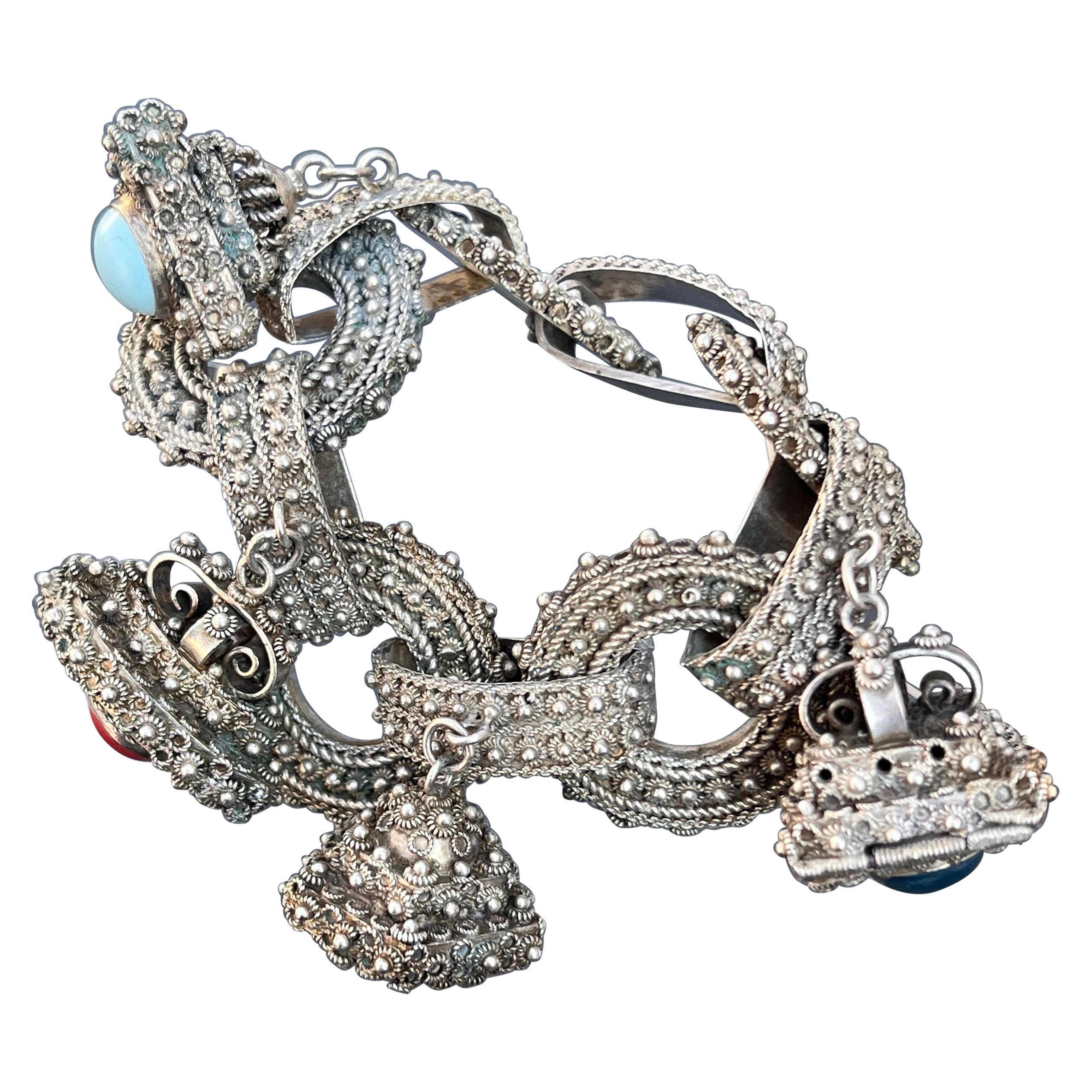 Etruscan Revival Vintage Papa George Fob Charms Locket Bracelet Silver For Sale