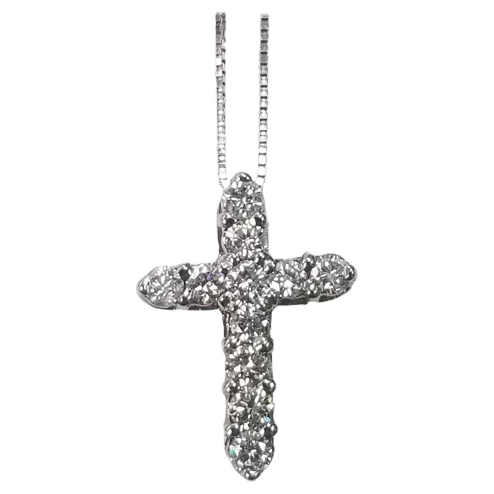 14k White Gold Diamond Cross and Chain .50 Carats For Sale