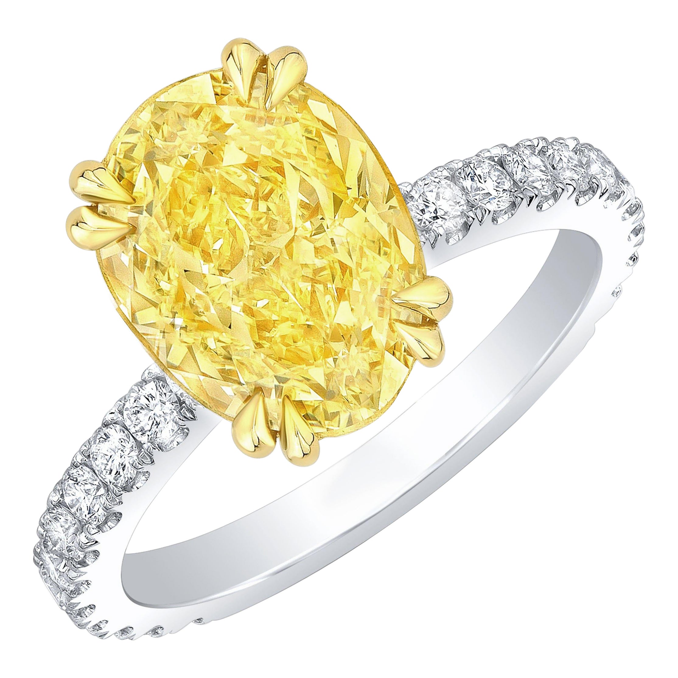 Bague de fiançailles de 2,90 carats jaune canari fantaisie avec halo ovale caché VVS1, certifié GIA en vente