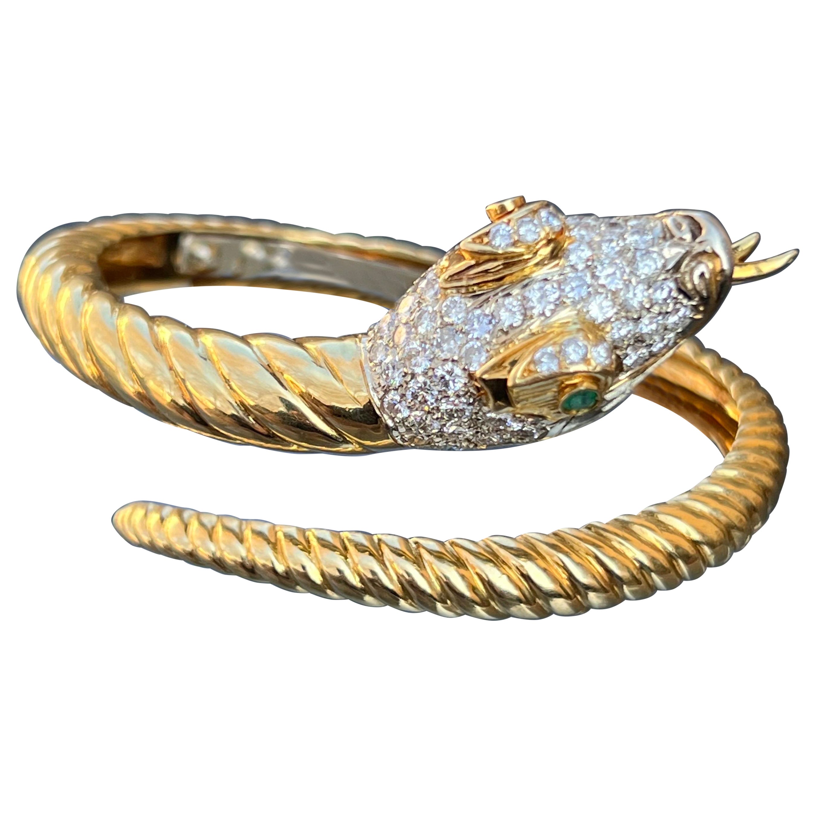 Italian 18k Yellow Gold Diamond Emerald Serpent Snake Hinged Bangle For Sale