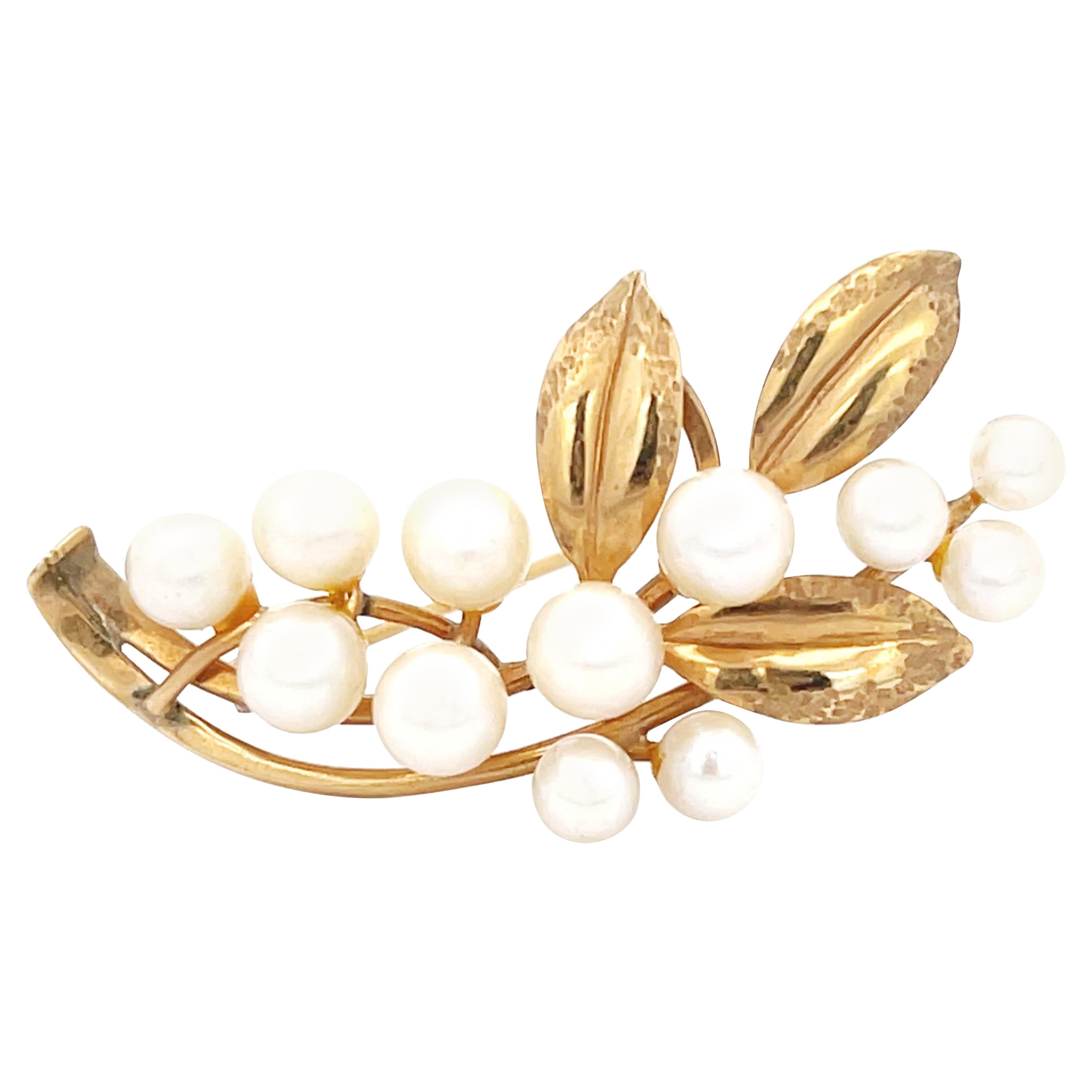 Mings Akoya Pearl and Leaf Branch Brooch in 14k Yellow Gold For Sale