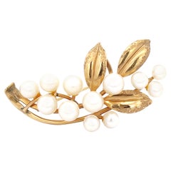 Vintage Mings Akoya Pearl and Leaf Branch Brooch in 14k Yellow Gold