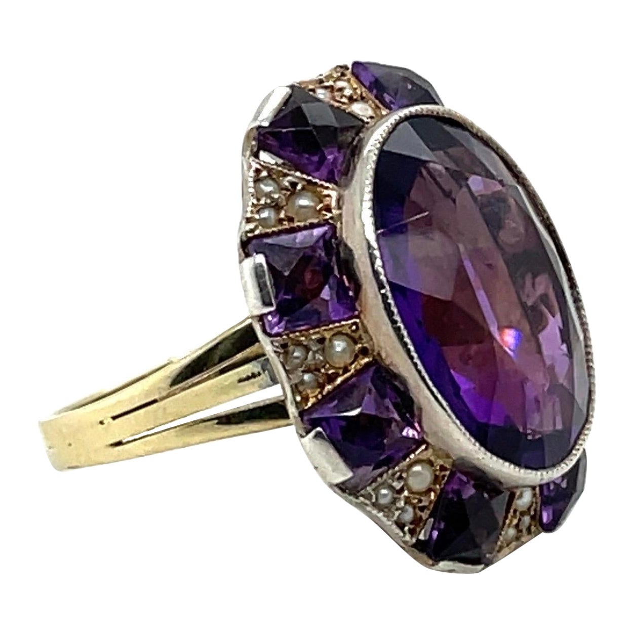 14 Karat Yellow Gold, Silver, Amethyst and Seed Pearl Cocktail Ring For Sale