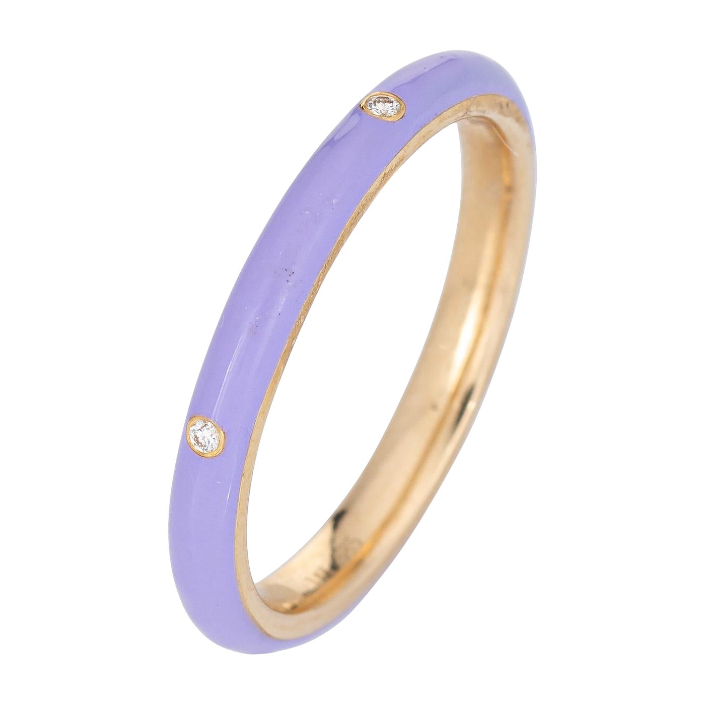 Lilac Enamel Diamond Ring 14k Yellow Gold Stacking Band Fine Jewelry For Sale