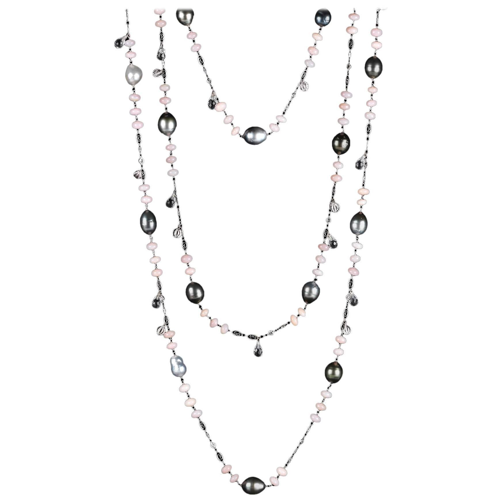 Alexandra Mor Sautoir Necklace with Baroque Tahitian Pearls Pink Opal Diamond