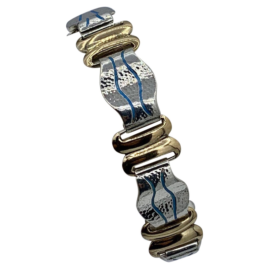 Rare Modernist Art Nouveau Bracelet Blue Enamel Silver 14 Karat Gold Barcelona For Sale