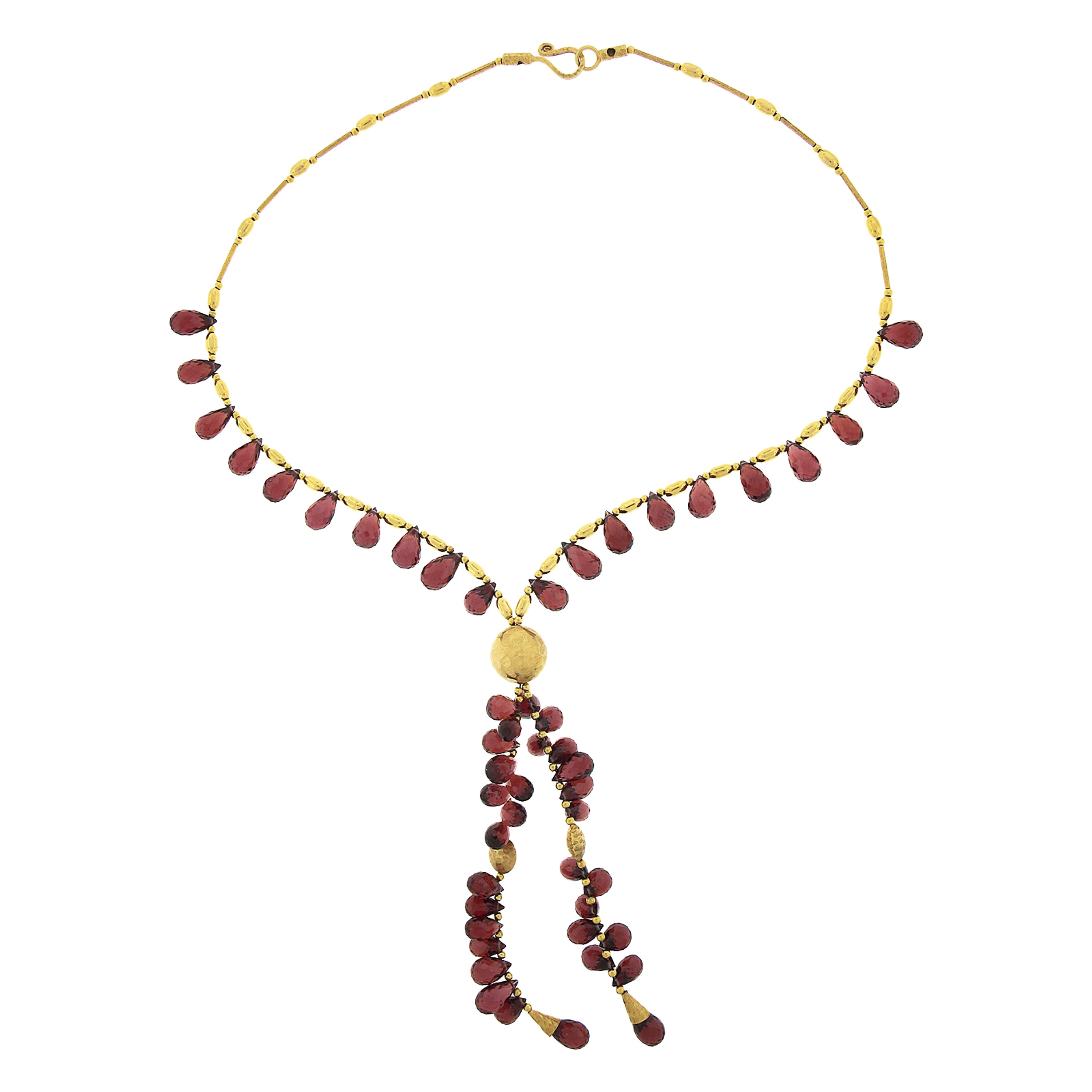 14k Yellow Gold Briolette Cut Tear Drop Garnet & Hammered Bead Necklace For Sale
