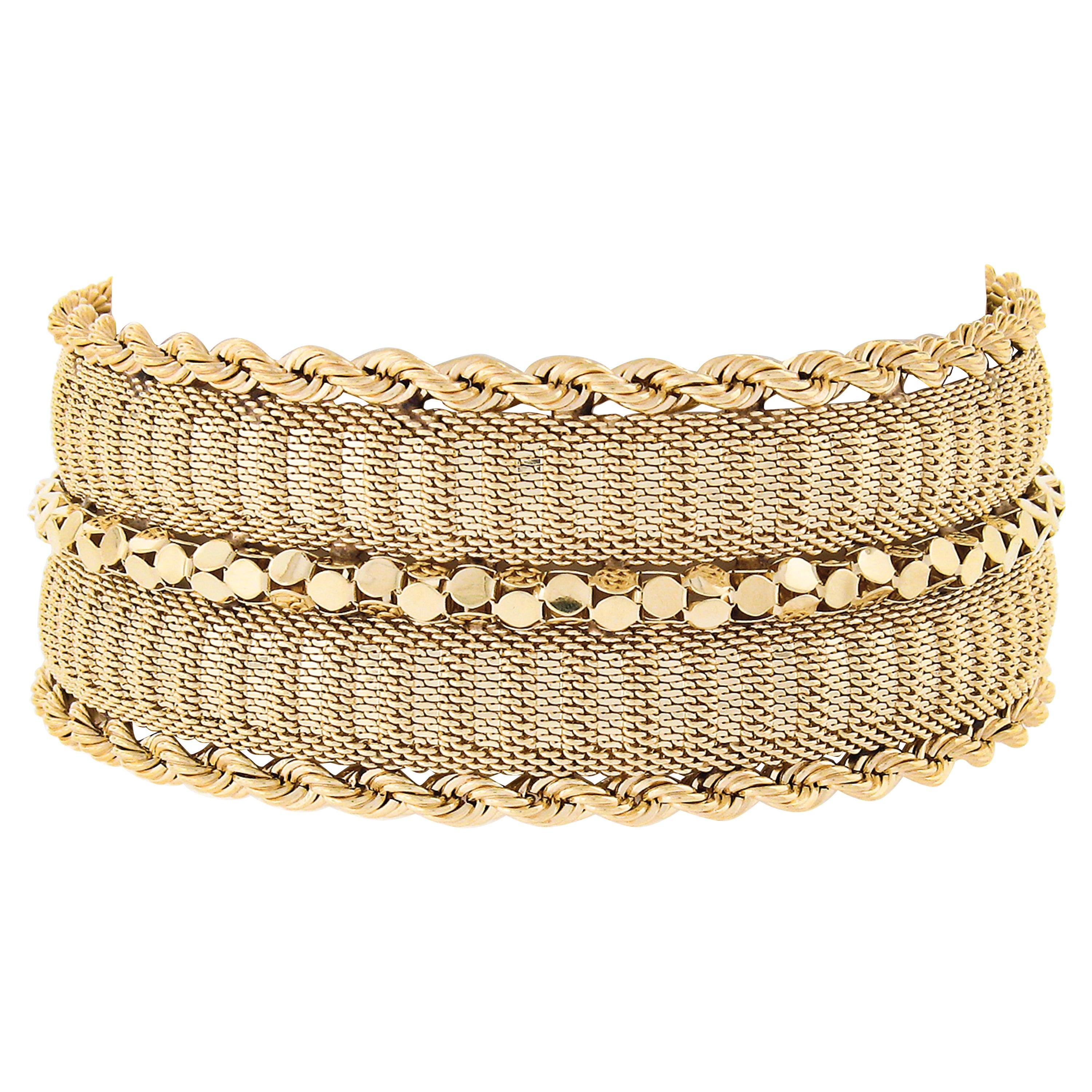 Vintage 14k Gold Mesh with Popcorn Link and Rope Chain Sides Wide Strap Bracelet For Sale