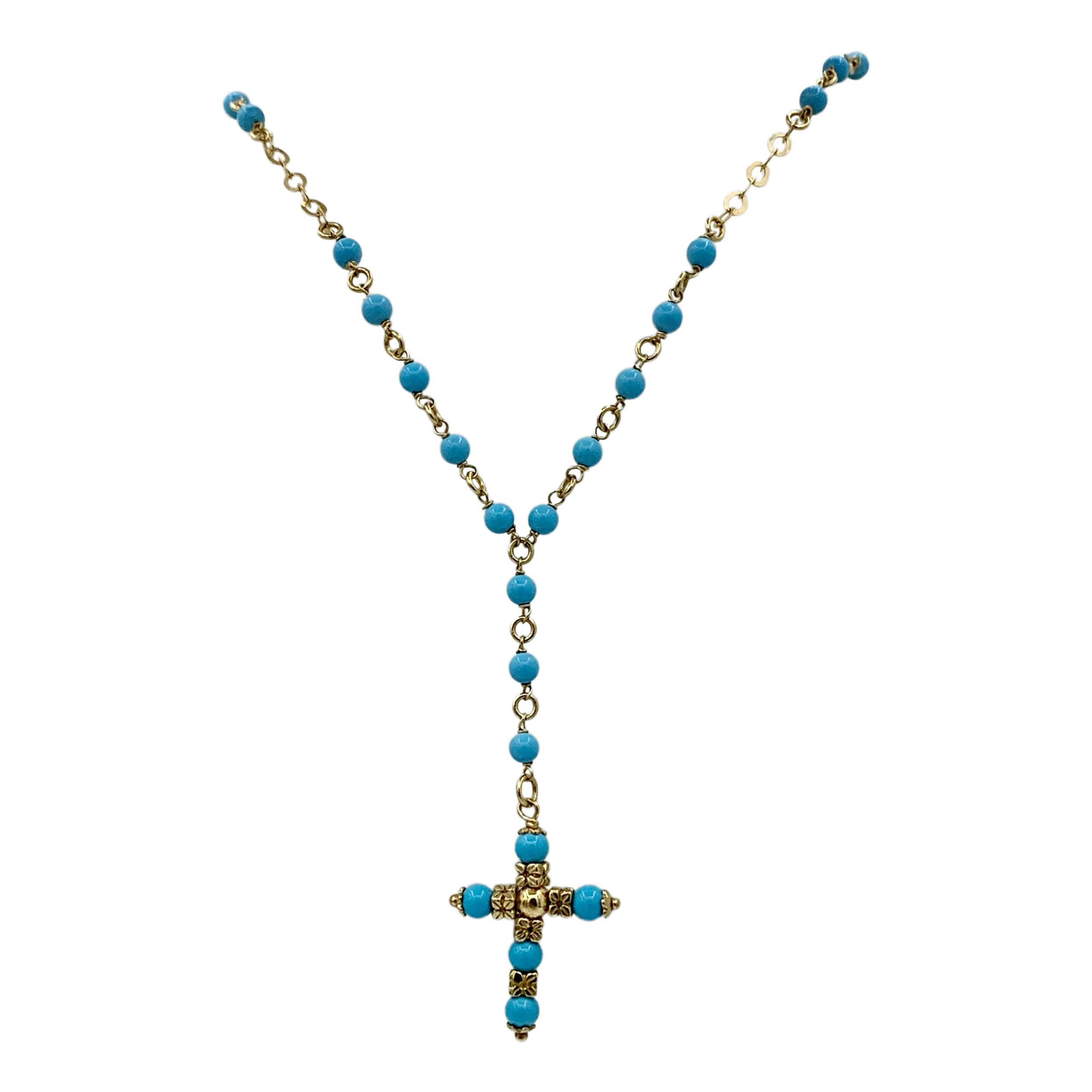Persian Turquoise Cross Necklace 14 Karat Yellow Gold Antique For Sale