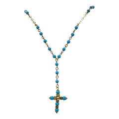 Persian Turquoise Cross Necklace 14 Karat Yellow Gold Antique