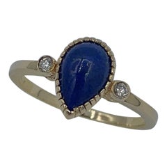Lapis Lazuli Diamond Ring 14 Karat Yellow Gold Retro Mid-Century Modern