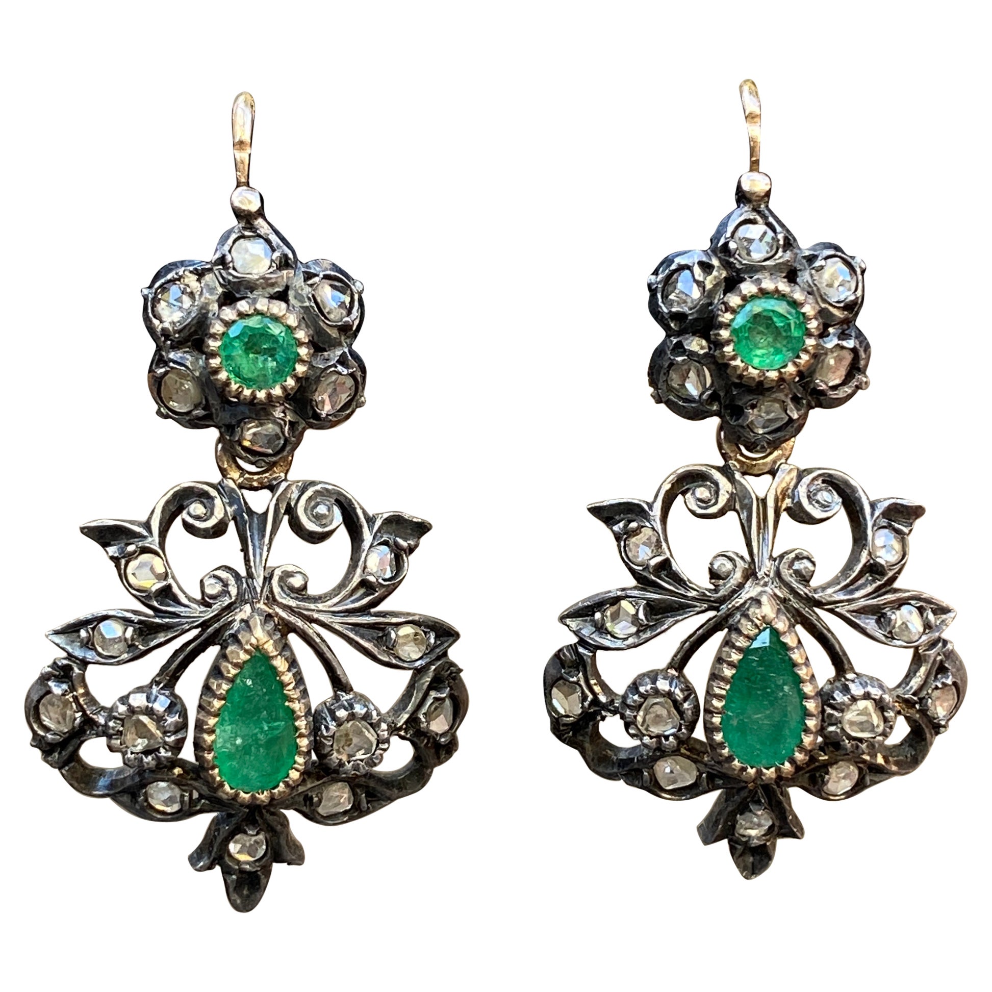 Victorian Emerald Rose Cut Diamond 14k Day & Night Earrings For Sale