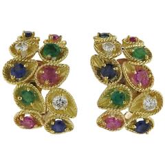 1960s Sapphire Ruby Emerald Diamond Gold Earrings