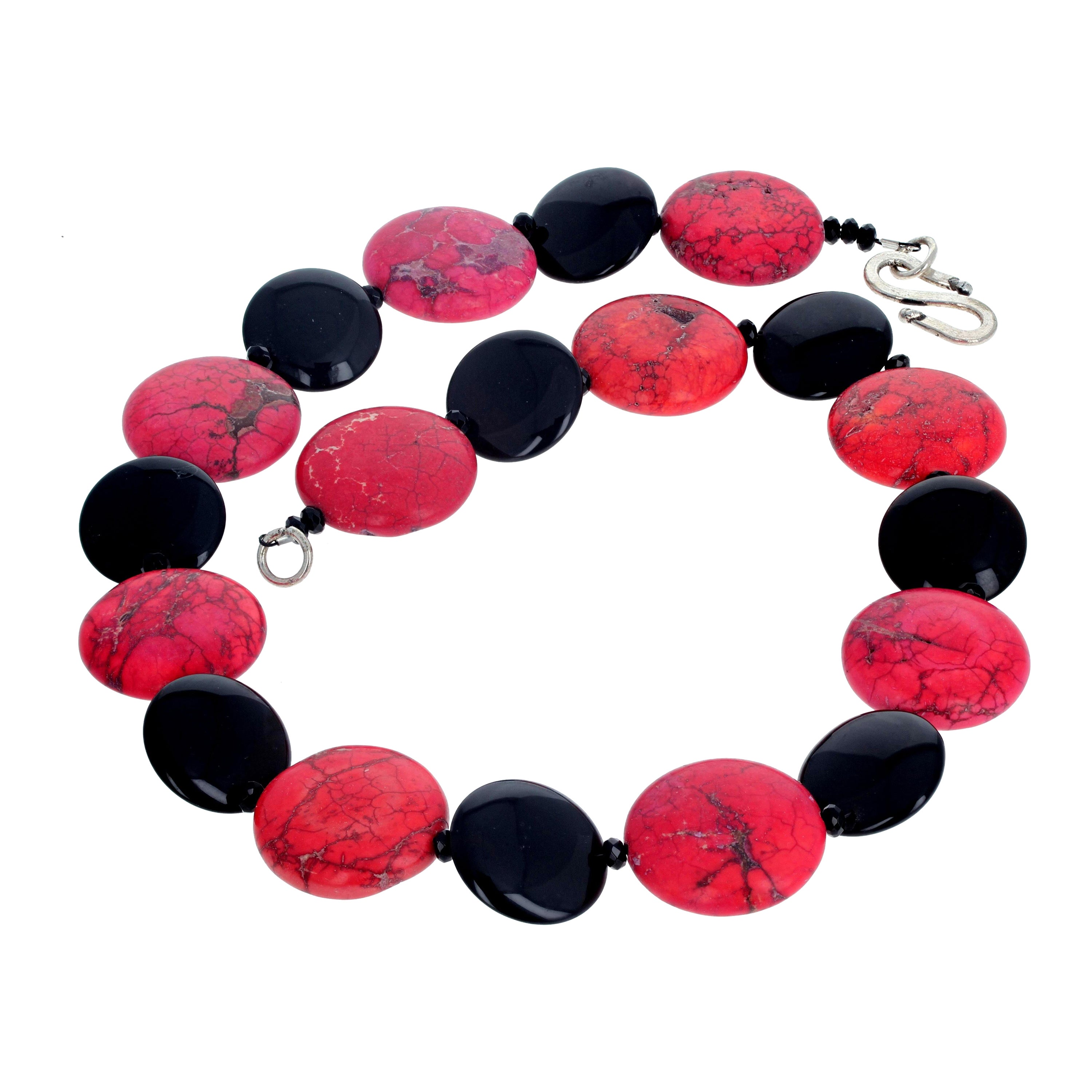 AJD Fascinating Statement Necklace of Real Red Howlite & Bright Black Onyx