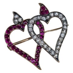 Antique Ruby Diamond Twin Heart Brooch