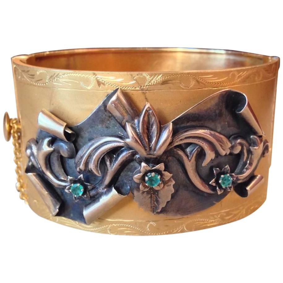 Antique Emerald Gold Wide Flower Motif Bangle Bracelet  For Sale