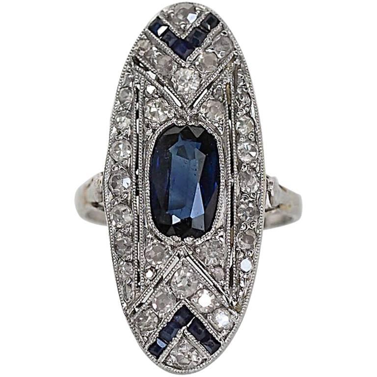 1920s Art Deco Sapphire Diamond Platinum Shield Ring 