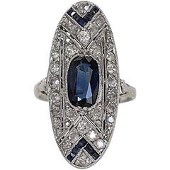 Antique 1920s Art Deco Sapphire Diamond Platinum Shield Ring 